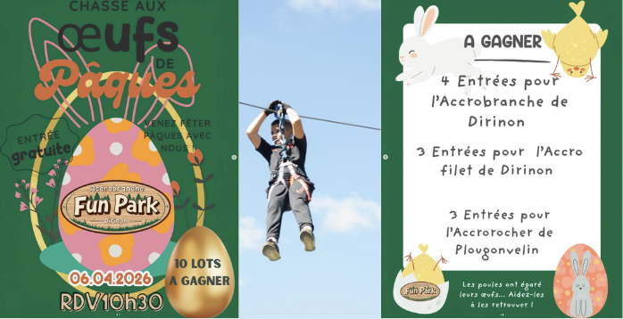 Chasse à l'oeuf et lots à gagner au parc accrobranche FunPark Dirinon - lundi 6 avril