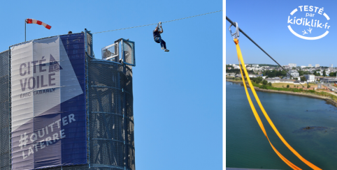 Grande descente en tyrolienne au dessus de l'eau avec la TyRoll à la Cité de la Voile de Lorient